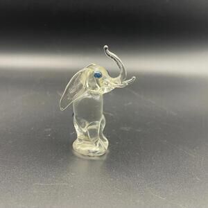 Vintage Clear Art Glass Lucky Elephant Figurine 2.25" Trunk Up Blue Eyes